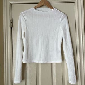 Shein long sleeve white top, cropped with lettuce trim around the neck.